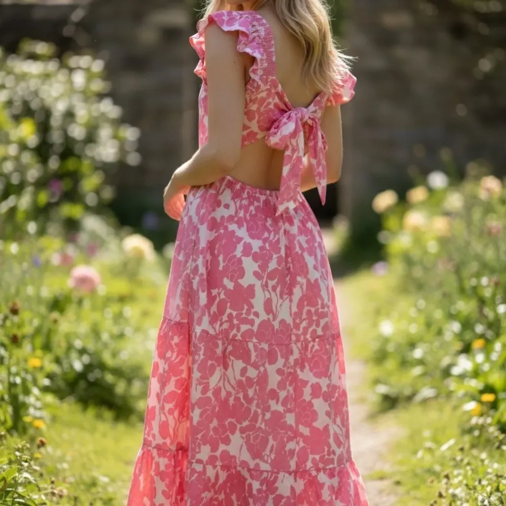 English Factory Pink Floral Backless Midi Dress Size M Resort Cottagecore - Picture 1 of 10